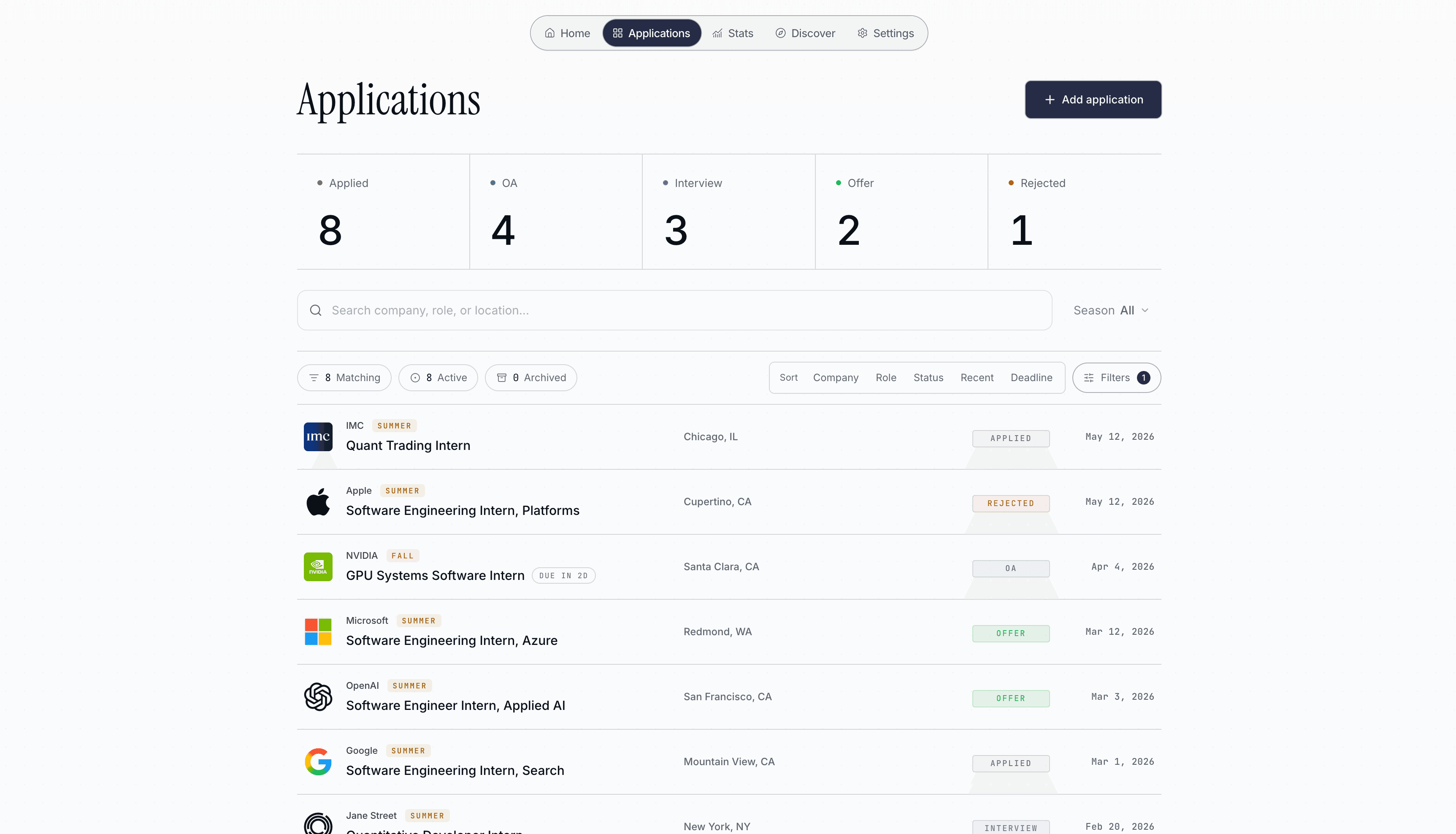 Pathway applications table with filters, application counts, and internship rows