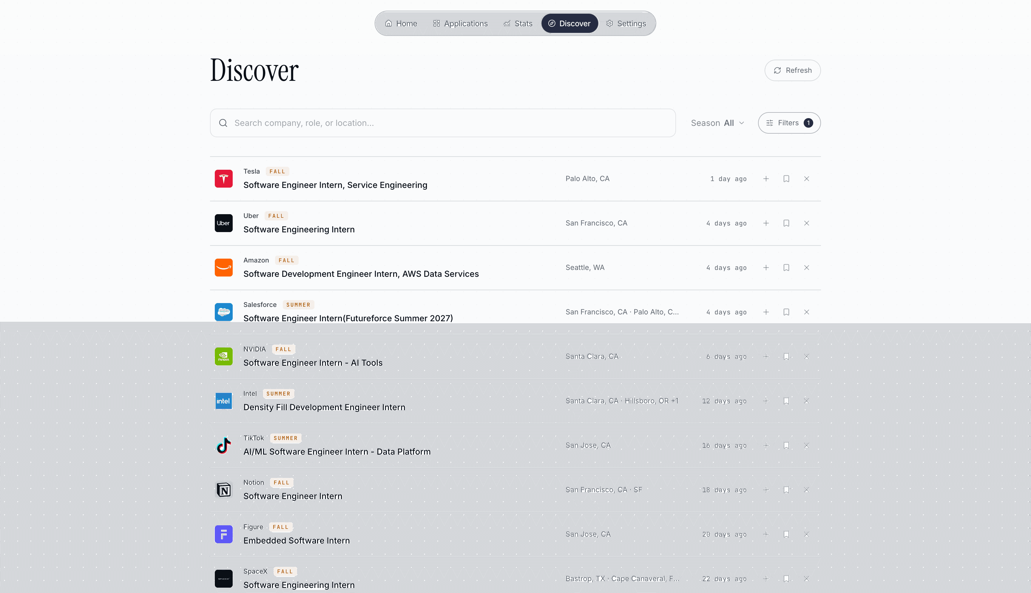 Pathway discover page with internship postings and save controls